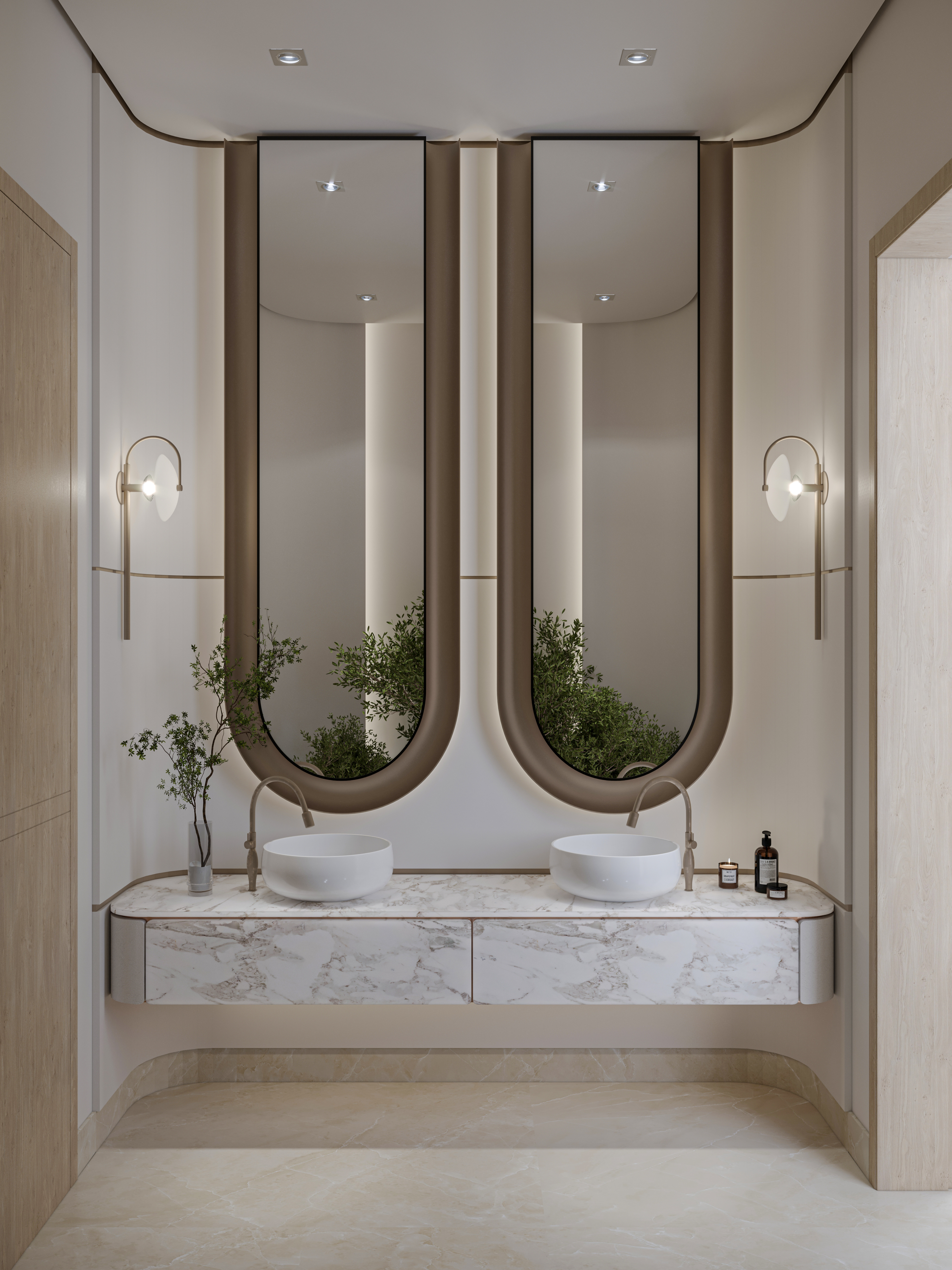 A serene modern minimal bathroom featuring sleek marble finishes, warm wood accents, and natural elements for a calming and harmonious aesthetic.