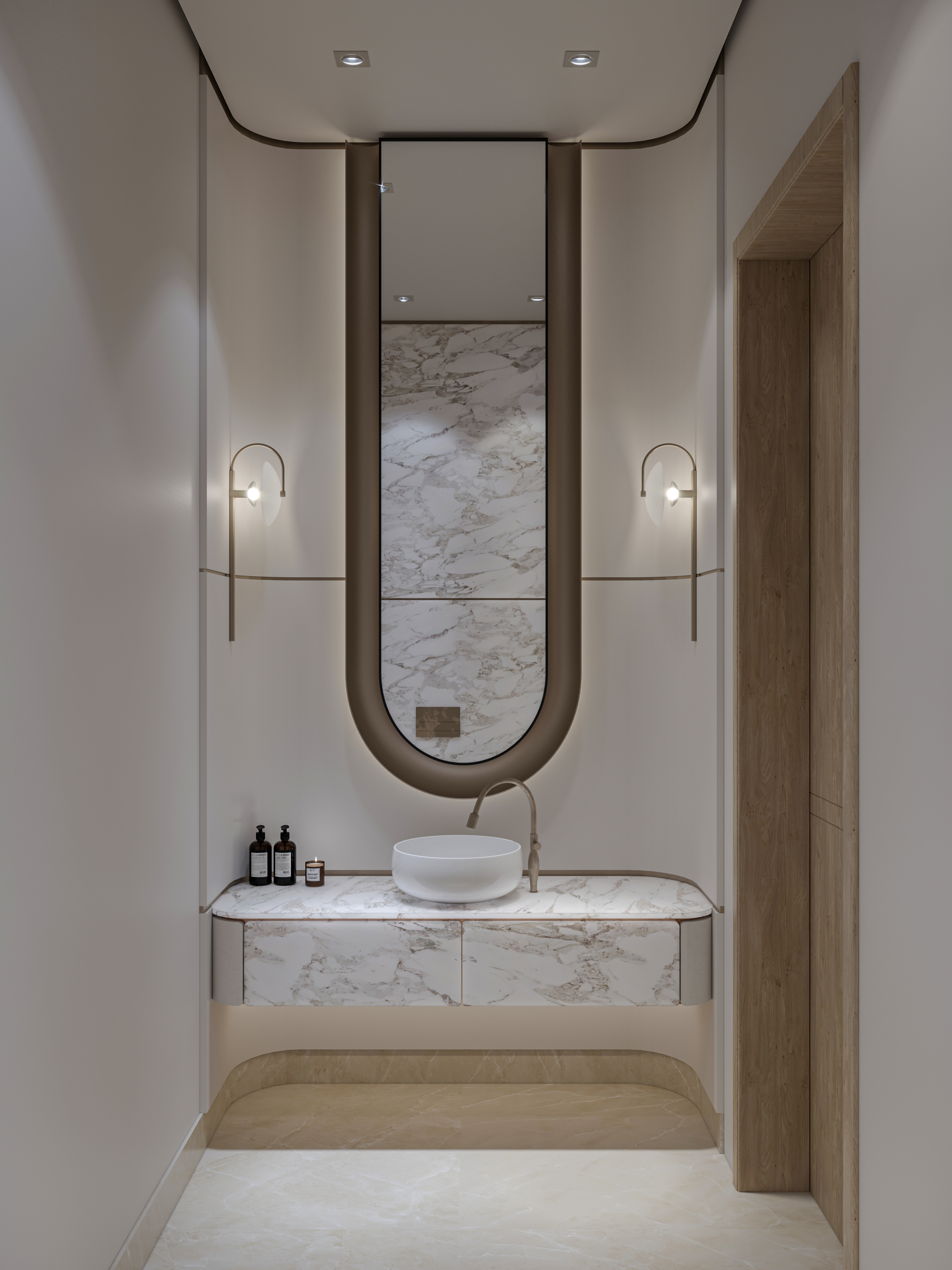 A serene modern minimal bathroom featuring sleek marble finishes, warm wood accents, and natural elements for a calming and harmonious aesthetic.