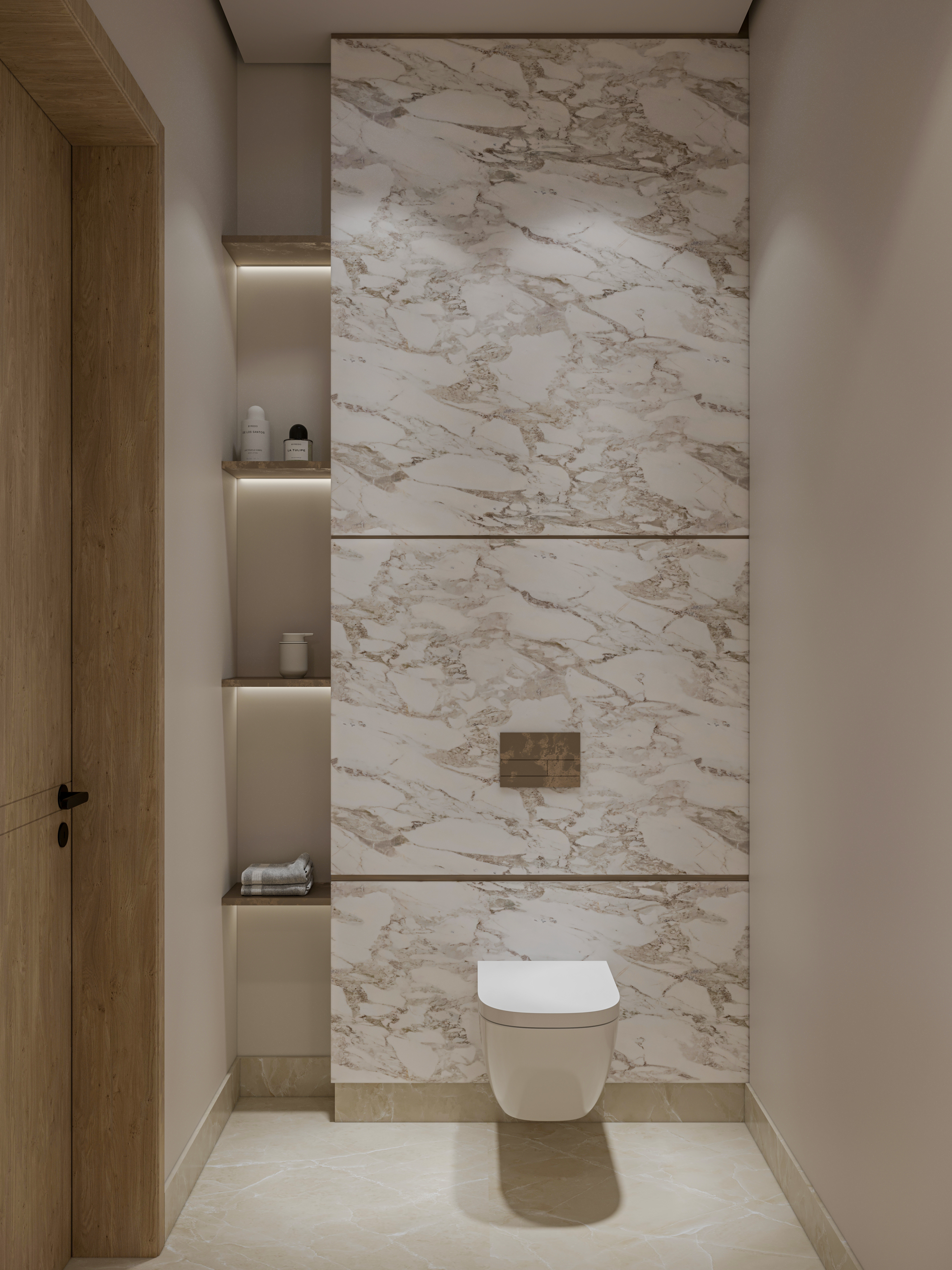 A serene modern minimal bathroom featuring sleek marble finishes, warm wood accents, and natural elements for a calming and harmonious aesthetic.